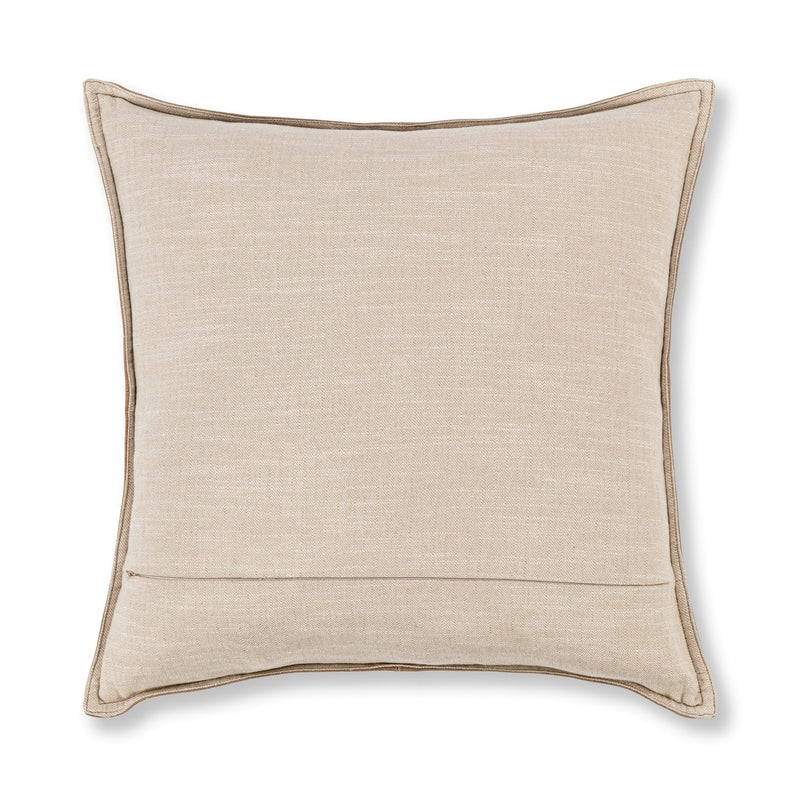 Beige linen accent pillow with simple border and center seam