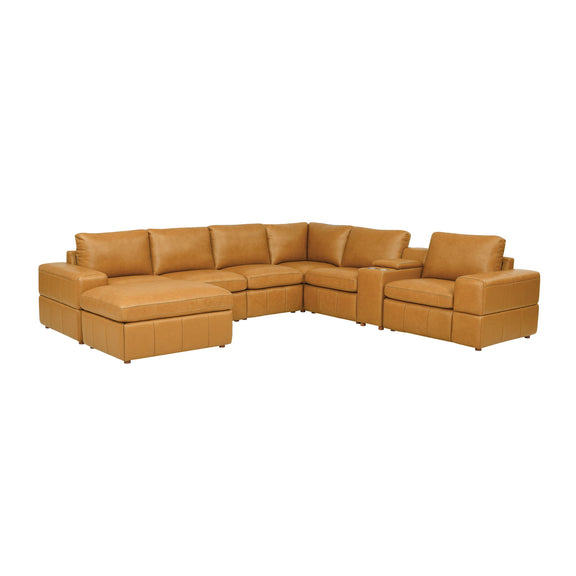 Light brown modular sectional sofa with large square arms and corner chaise ottoman