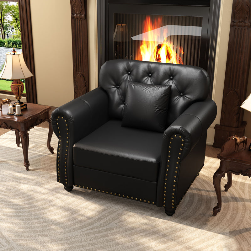 Black tufted upholstered armchair-style sofa with rolled arms and nailhead trim