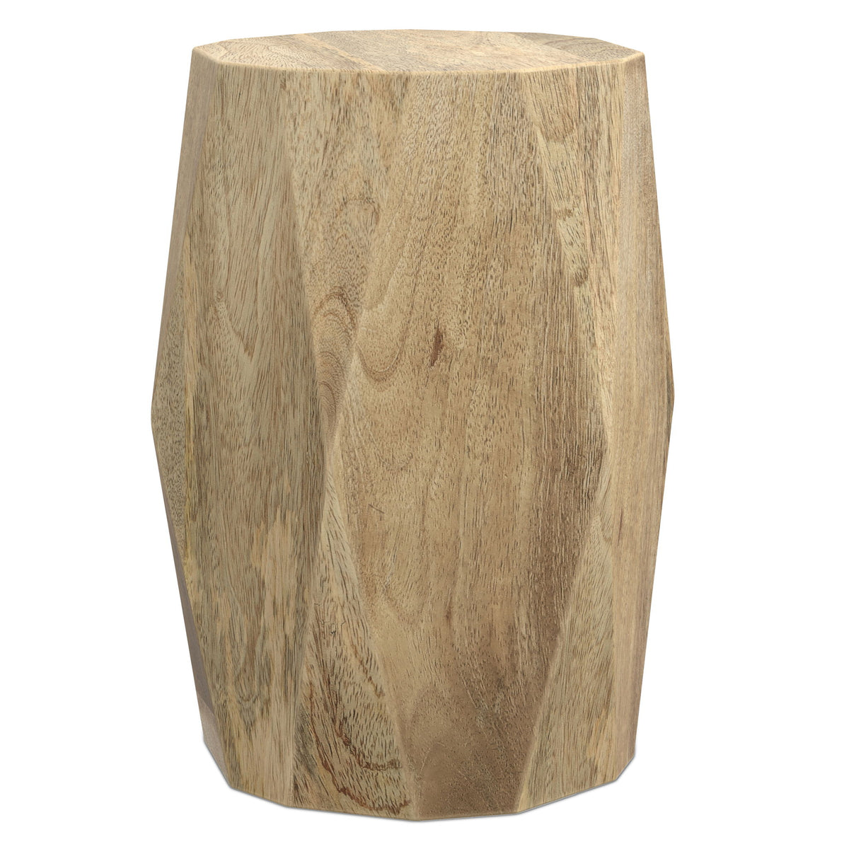 Light brown geometric side table with octagonal top and carved grain