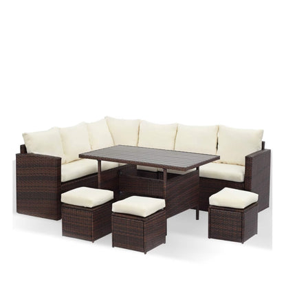Beige cushion outdoor sectional dining set with dark wicker and rectangular table