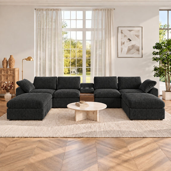 Dark gray modular sectional sofa with storage console and corner chaise sections
