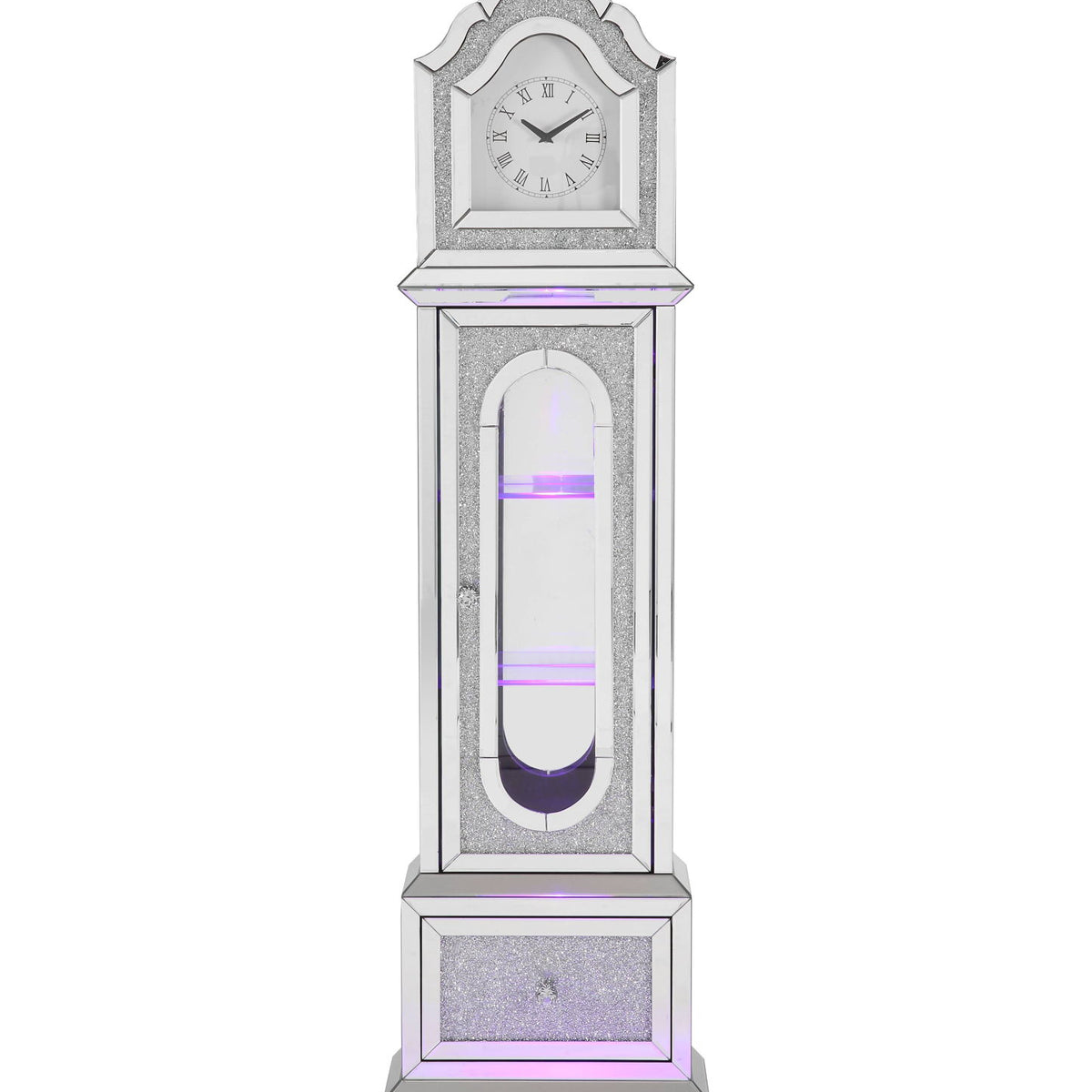 Noralie - Mirrored & Faux Diamonds Grandfather Clock With LED - Silver Gray