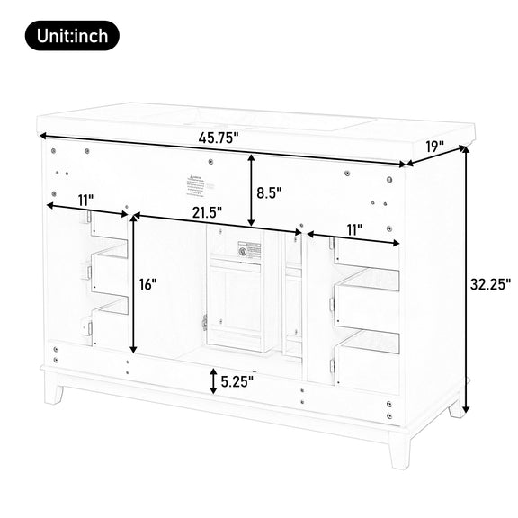 White bathroom vanity cabinet with interior storage, side view