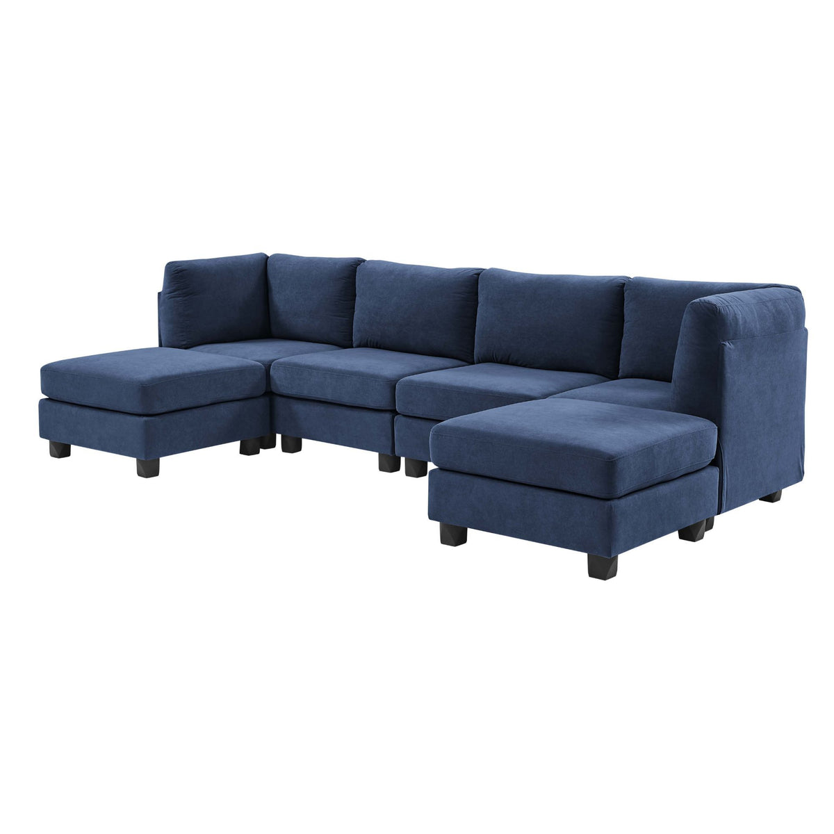 Blue upholstered modular sectional sofa with extended chaise seating