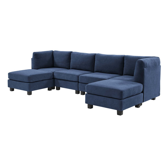 Blue upholstered modular sectional sofa with extended chaise seating