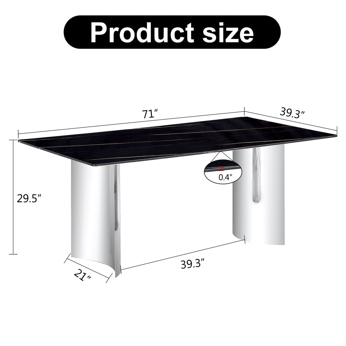 Black glass dining table with chrome pedestal legs and size dimensions
