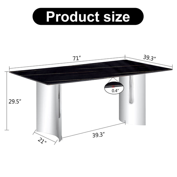 Black glass dining table with chrome pedestal legs and size dimensions
