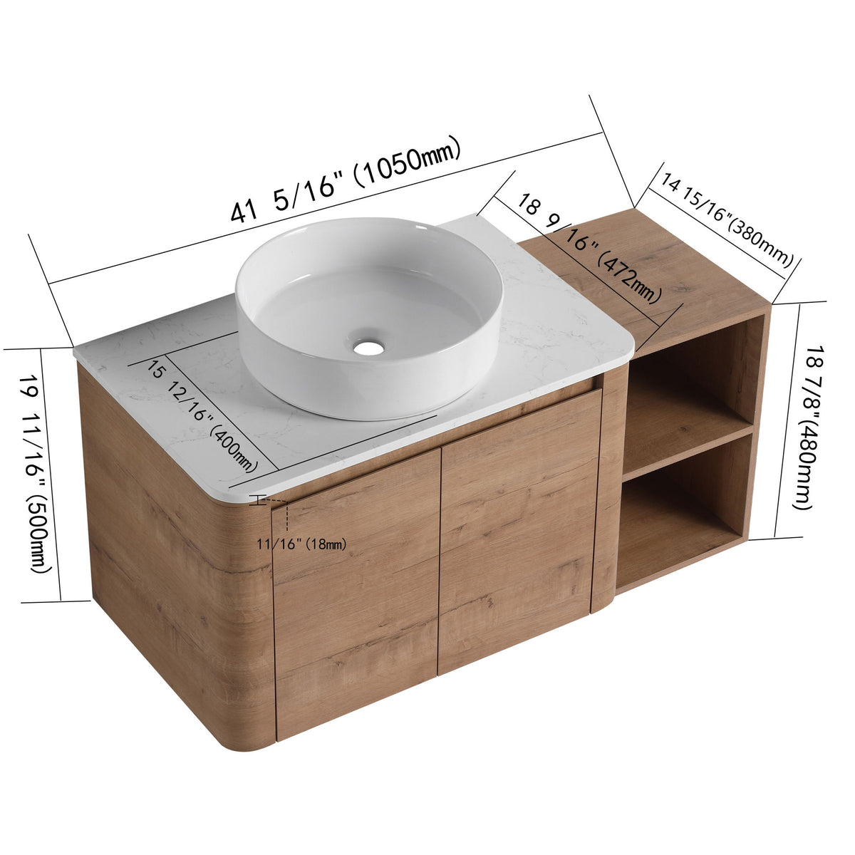 Wall-mounted vanity with white vessel sink and two-door cabinet with open side shelf