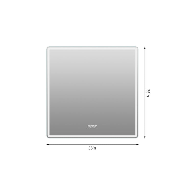 Square LED bathroom mirror size 36in x 36in with silver frame and touch control icons