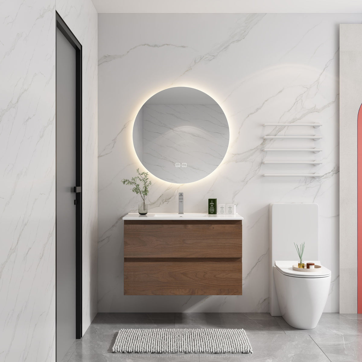 Wall-mounted bathroom vanity with white sink and two soft-close drawers, dark brown