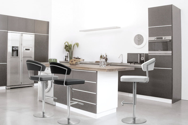 Dark gray upholstered stainless steel barstool with round footrest ring