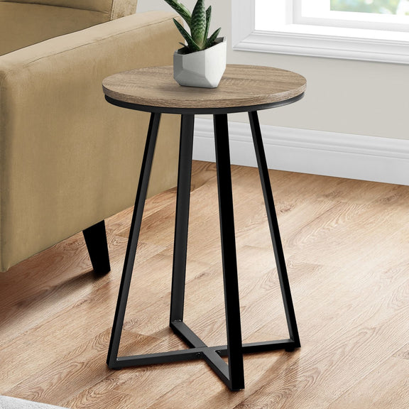 Round side accent table with light wood-look top and black metal legs