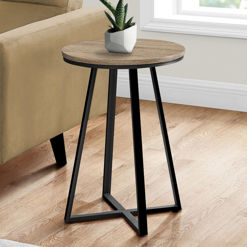 Round side accent table with light wood-look top and black metal legs