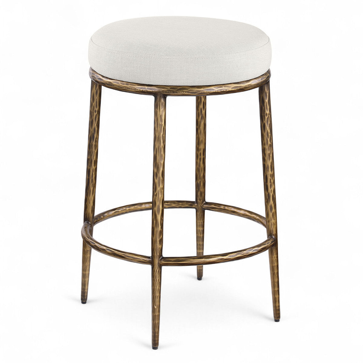 Ferro - Linen Textured Performance Fabric Upholstered Backless Counter Stool - Cream / Brushed Gold