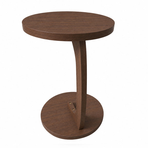 Dark brown round end table with pedestal base and integrated lower shelf