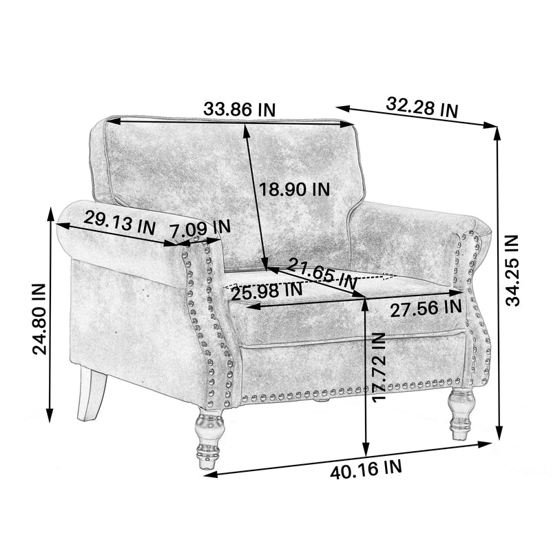 Beige 1-seater rolled arm sofa with nailhead trim; size diagram in inches