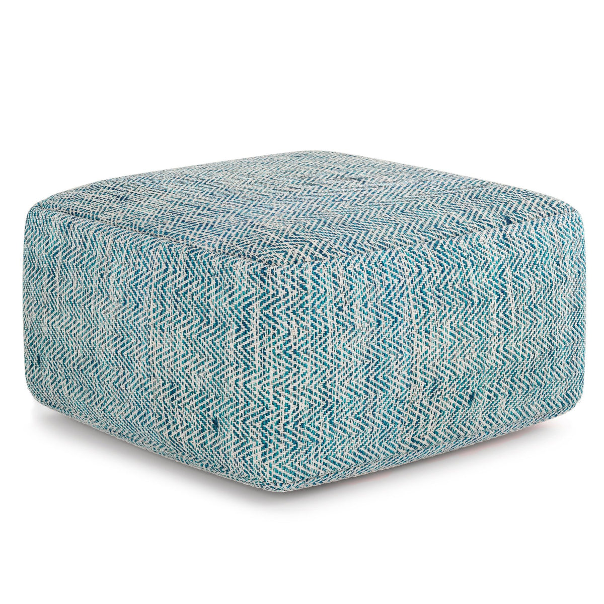 Light blue square pouf with woven chevron pattern, rounded top, textured fabric