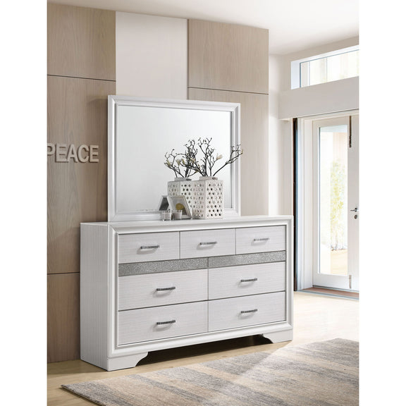 White 7-drawer dresser with mirror; silver handles and vase decor on top