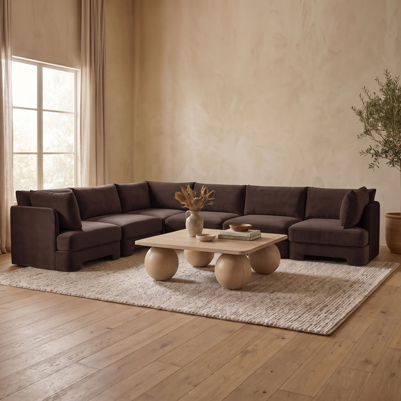 Dark brown velvet U-shaped armless sectional sofa with chaise corner and low arms