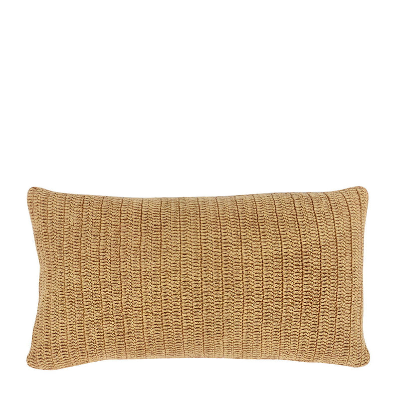 Honey tan textured woven lumbar pillow, rectangular shape with stitched edges