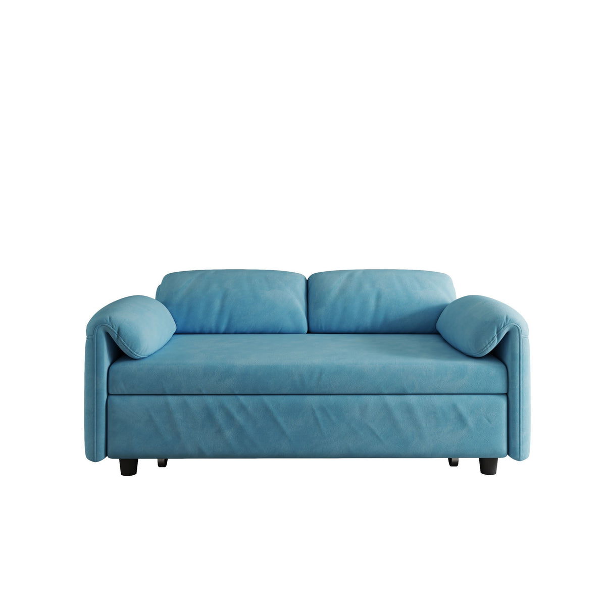 Blue fabric sofa bed lounge with two seat cushions and rolled armrests