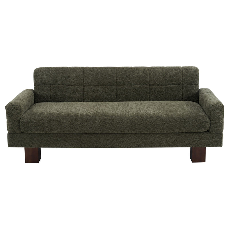 Two-seater loveseat sofa, dark green upholstery, tufted back and square arms