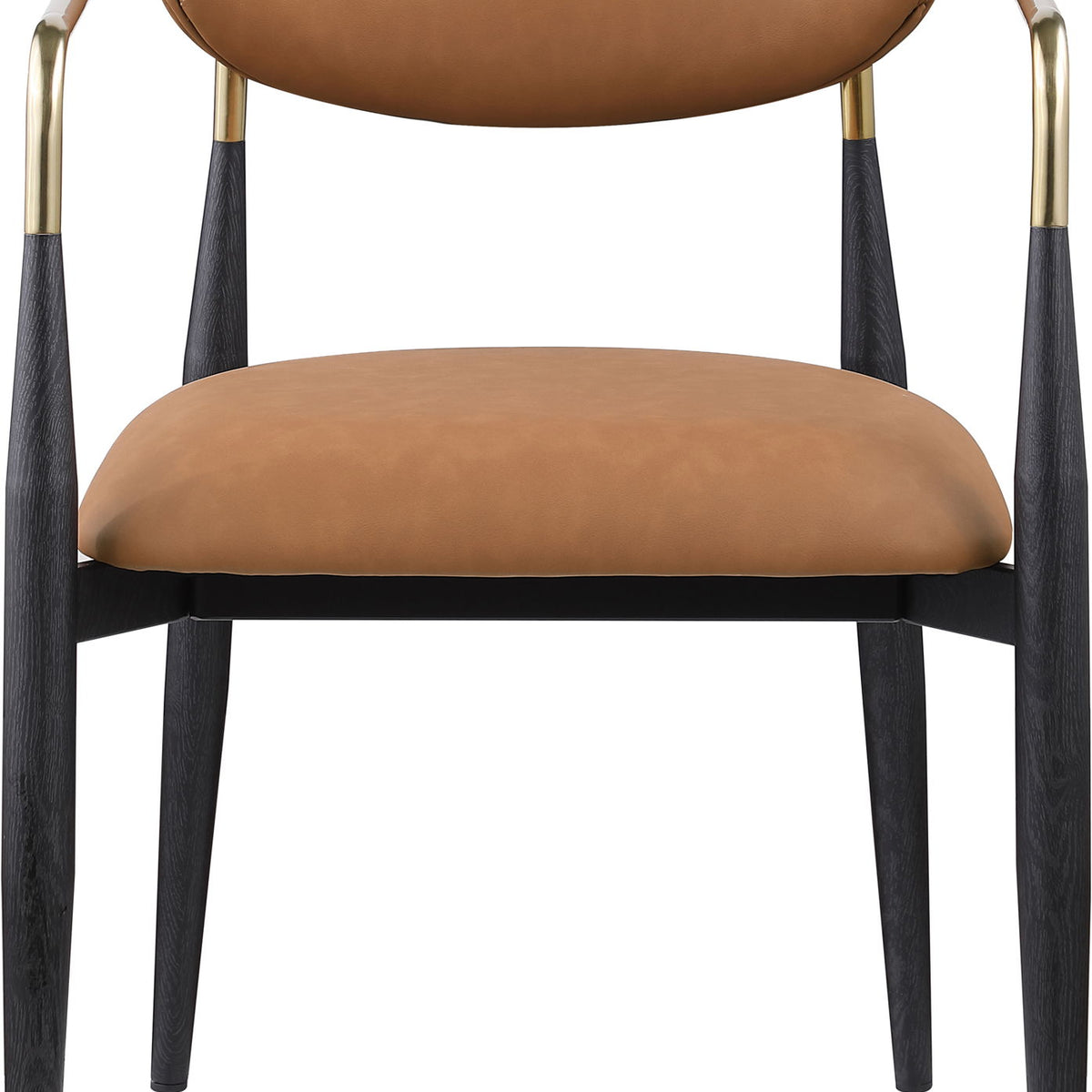 Light tan vegan leather dining arm chair with rounded back, black legs, gold arm frame