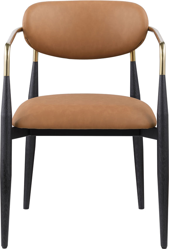Light tan vegan leather dining arm chair with rounded back, black legs, gold arm frame