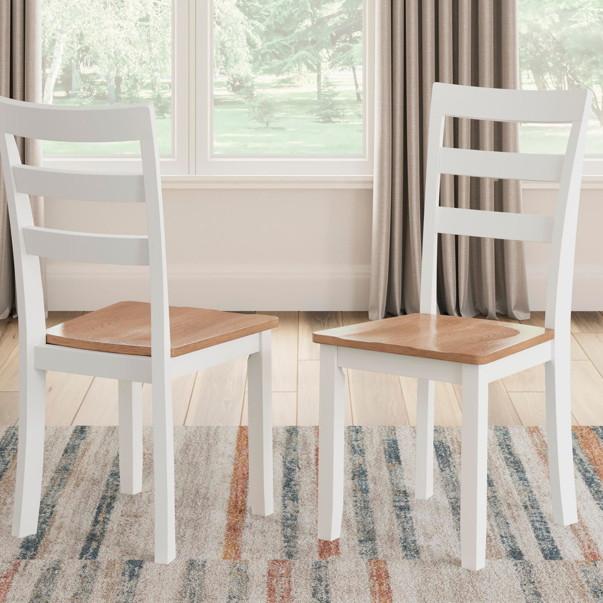 Set of 2 dining side chairs, white frames, slatted backs and light wood seats