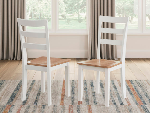 Set of 2 dining side chairs, white frames, slatted backs and light wood seats