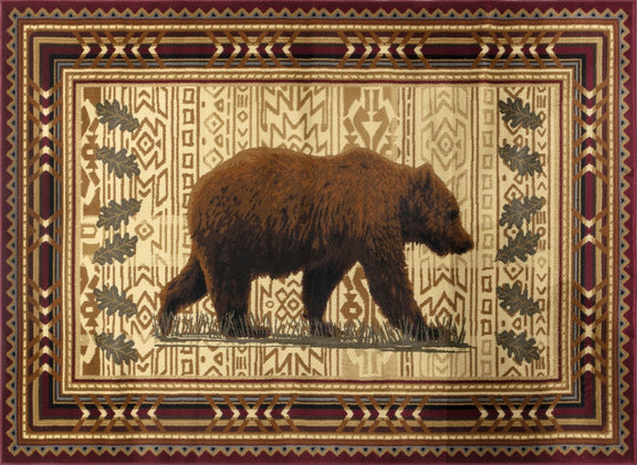Lodge area rug close-up showing dark bear graphic on beige background with red frame