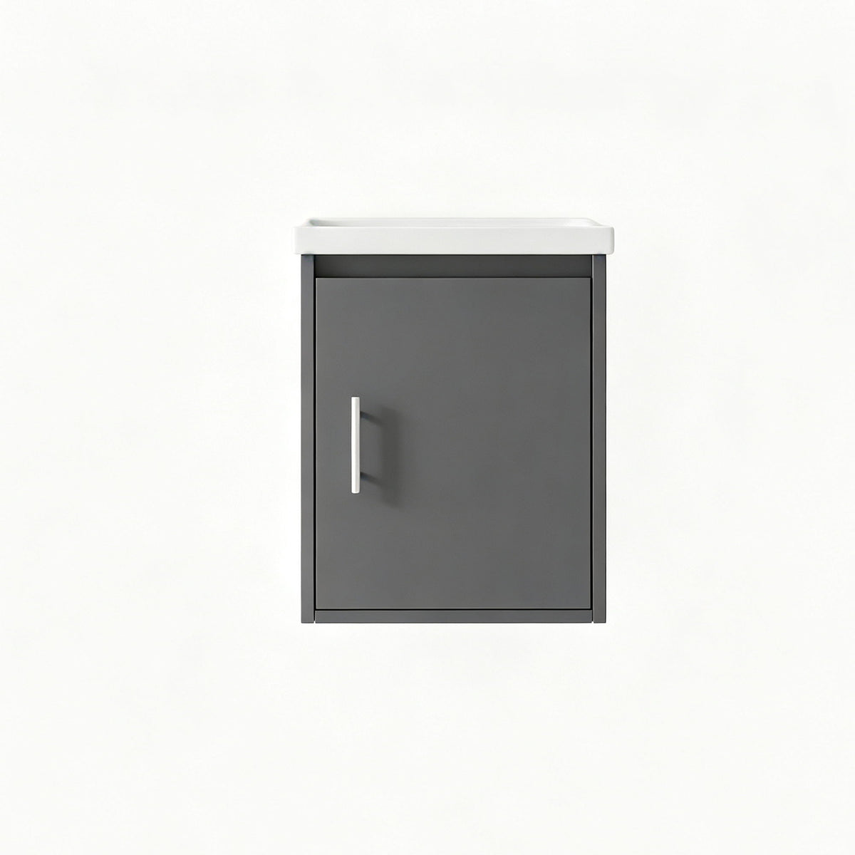 Wall-mounted bathroom vanity cabinet with sink, charcoal gray door and silver vertical handle