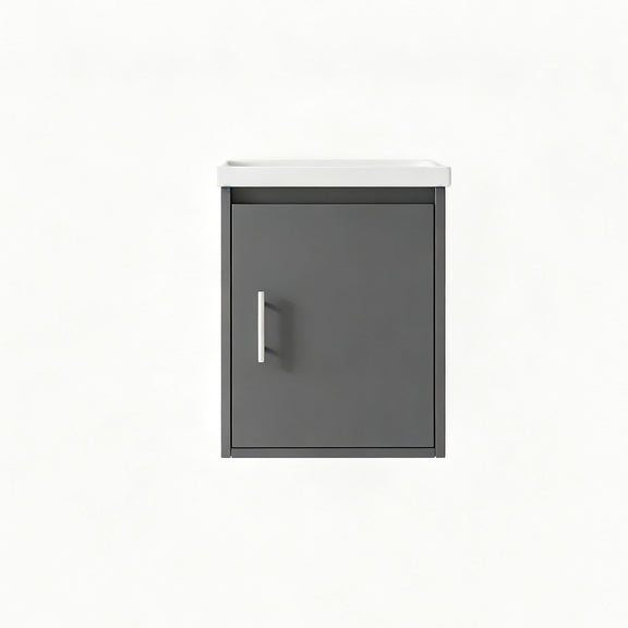Wall-mounted bathroom vanity cabinet with sink, charcoal gray door and silver vertical handle
