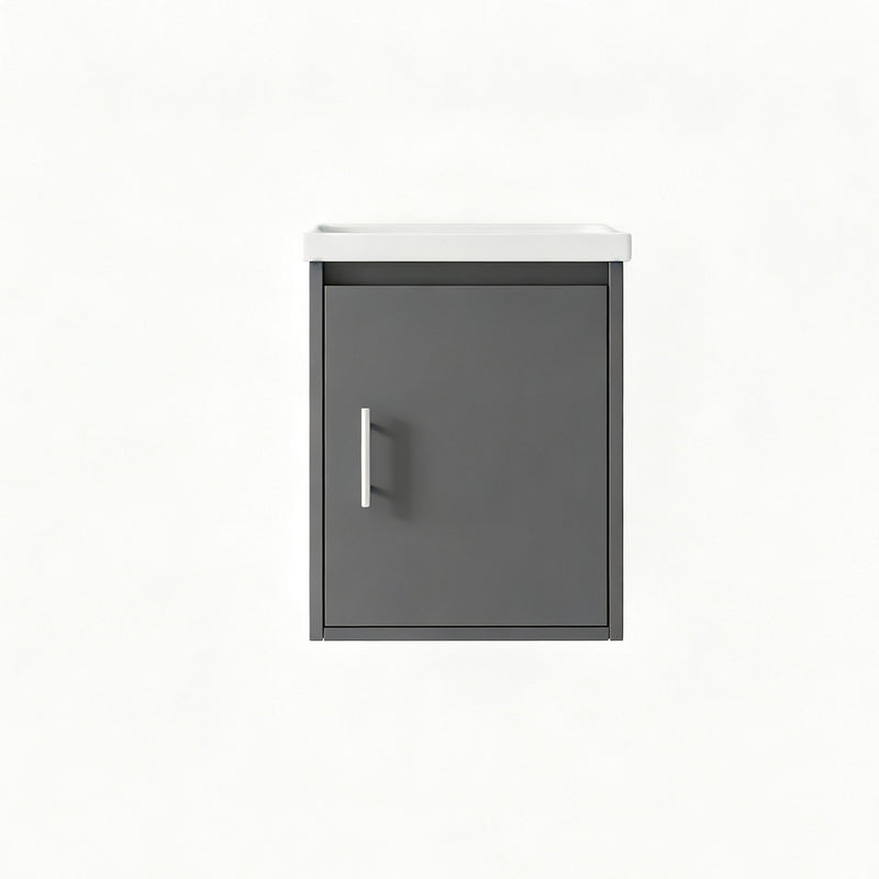 Wall-mounted bathroom vanity cabinet with sink, charcoal gray door and silver vertical handle