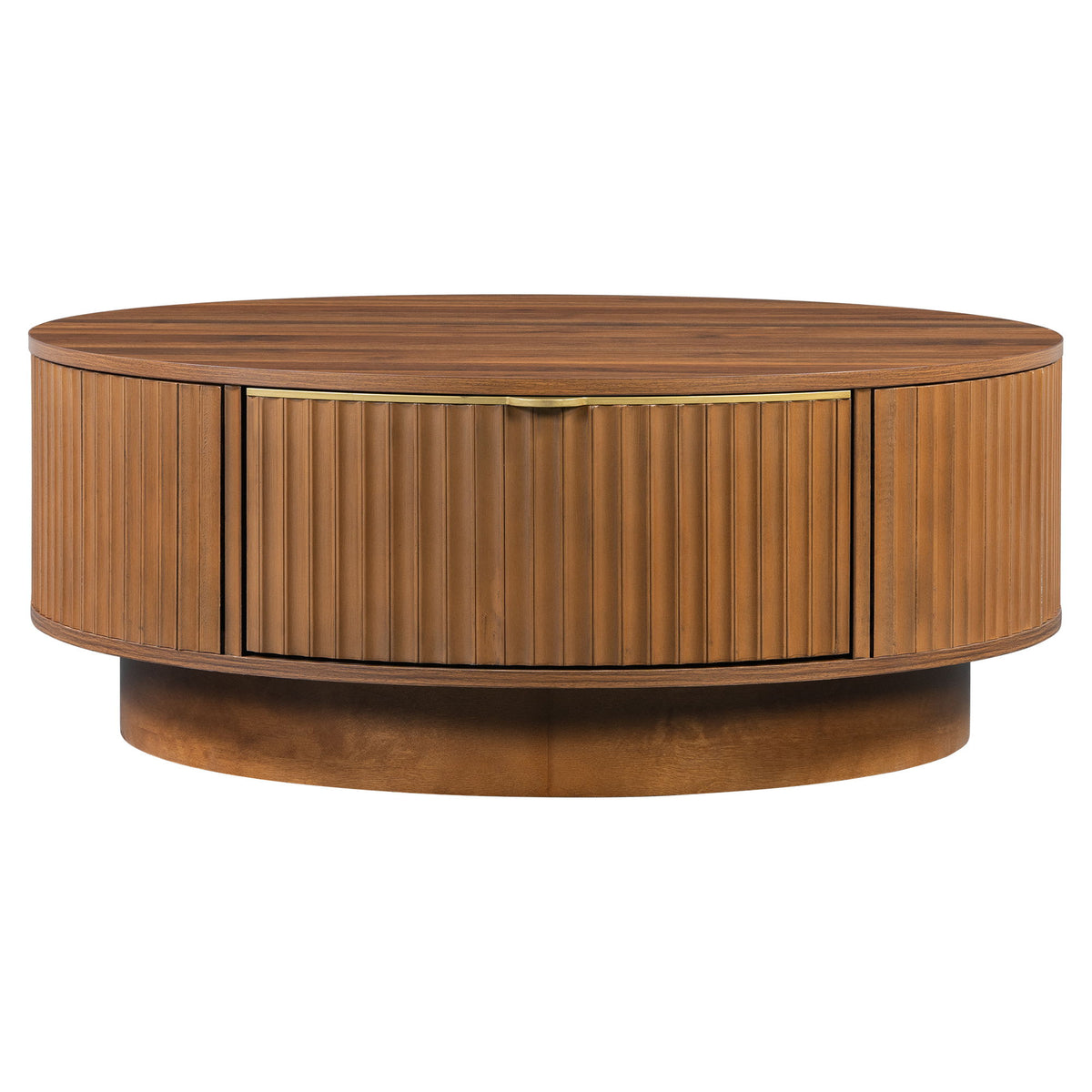 Light brown round coffee table with ribbed sides and front storage drawer