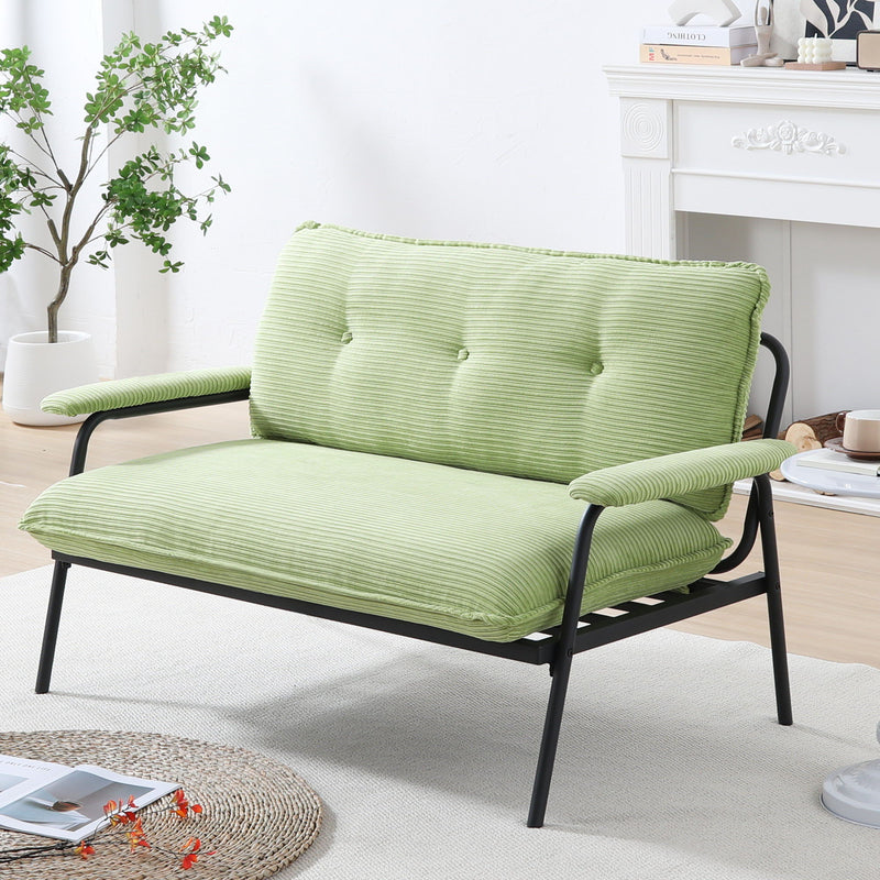 Green striped loveseat sofa with tufted back and seat cushions on metal frame