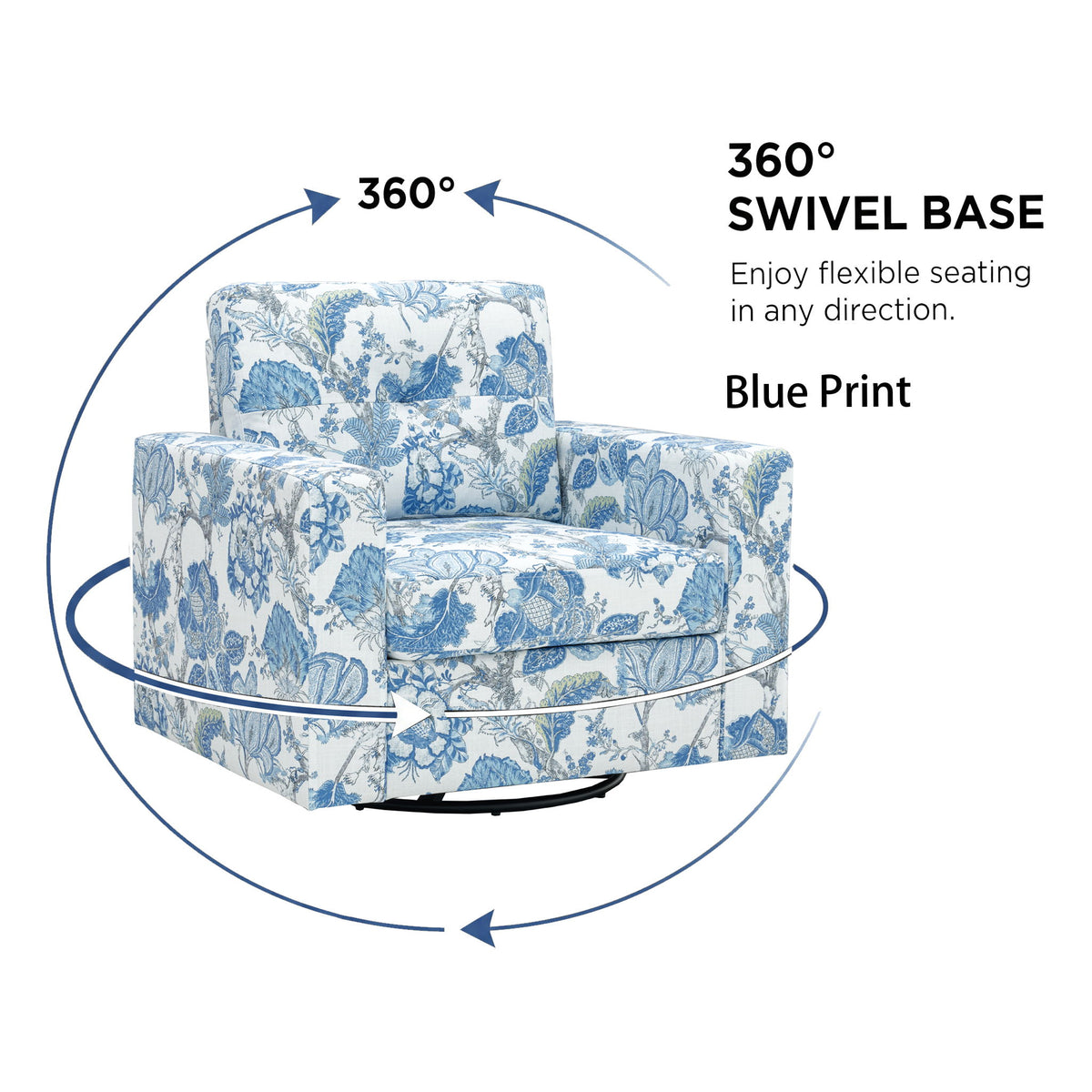 Blue printed swivel sofa chair with armrests and round 360-degree rotation base
