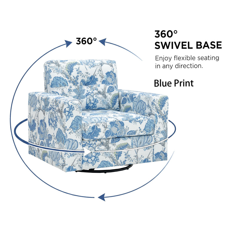Blue printed swivel sofa chair with armrests and round 360-degree rotation base