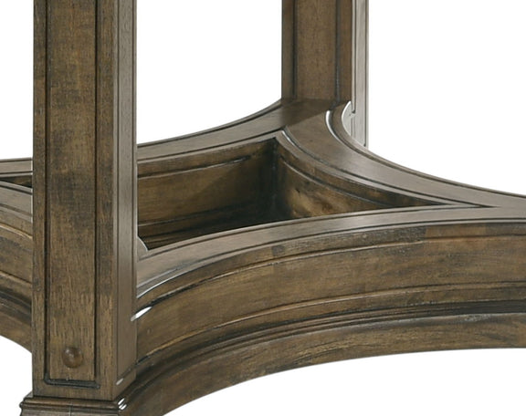 Weathered oak pedestal table base with curved metal-like rails