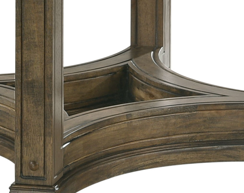 Weathered oak pedestal table base with curved metal-like rails