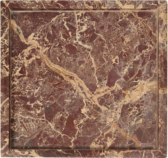 Red-brown marble tray with cream veining and a raised square rim.