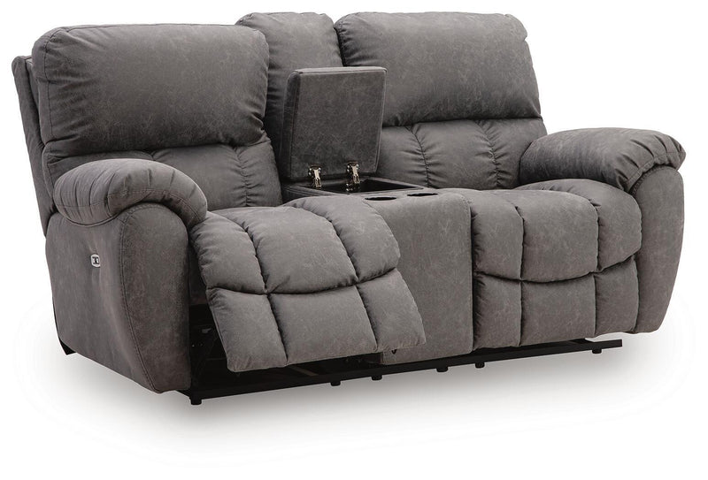 Power reclining loveseat with center console and adjustable headrests, dark gray fabric