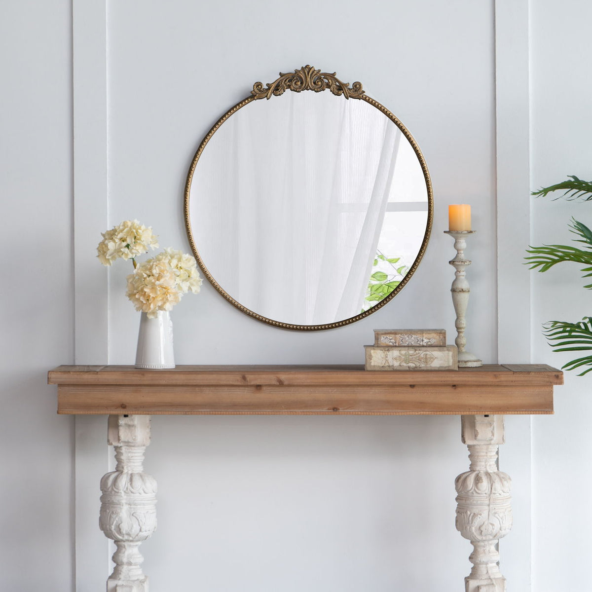 Classic Design Mirror With Baroque Inspired Frame For Bathroom, Entryway Console Lean Against Wall