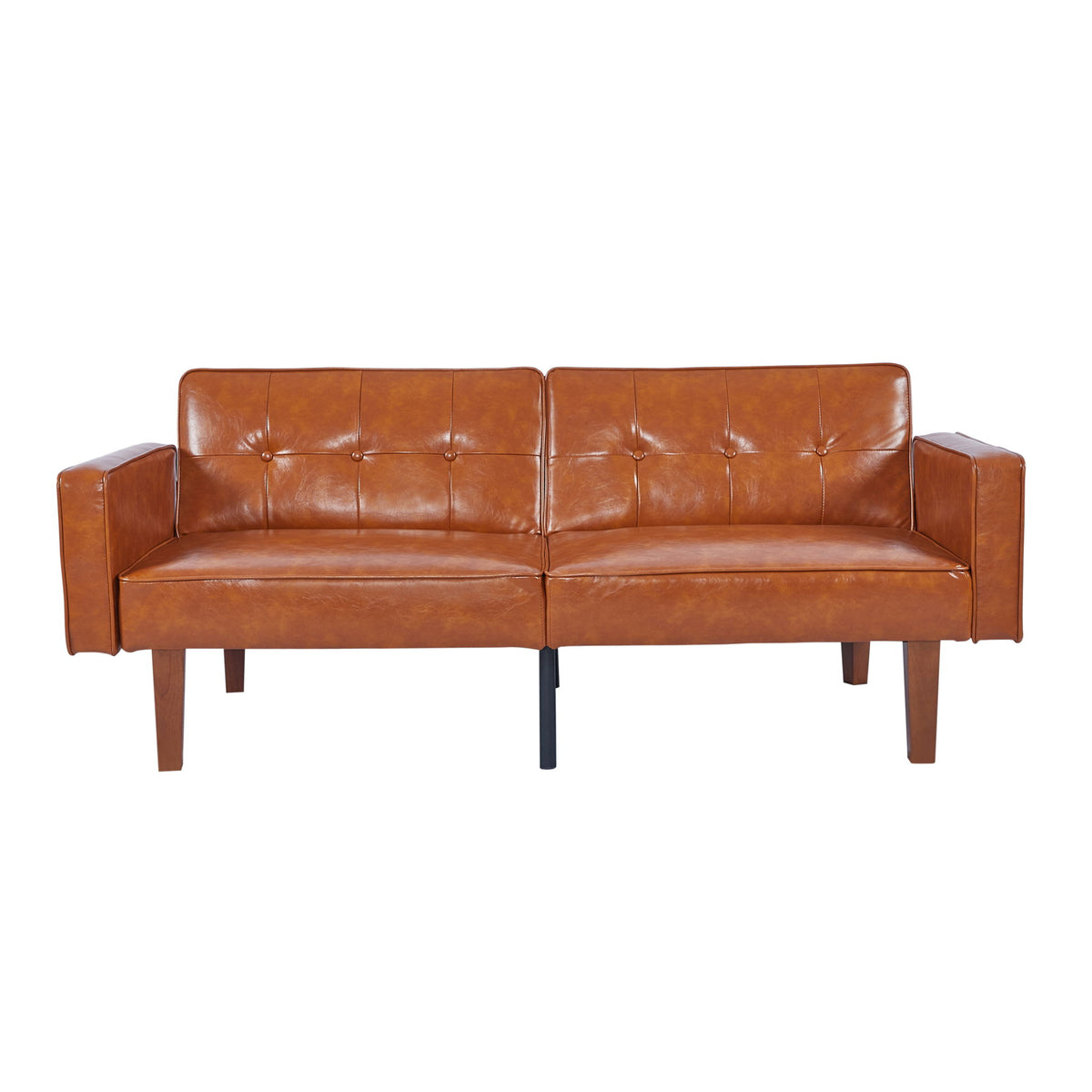 Dark brown split-back futon sofa bed with tufted upholstery and wood legs