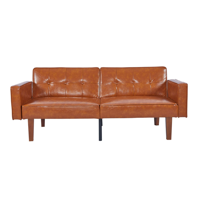 Dark brown split-back futon sofa bed with tufted upholstery and wood legs