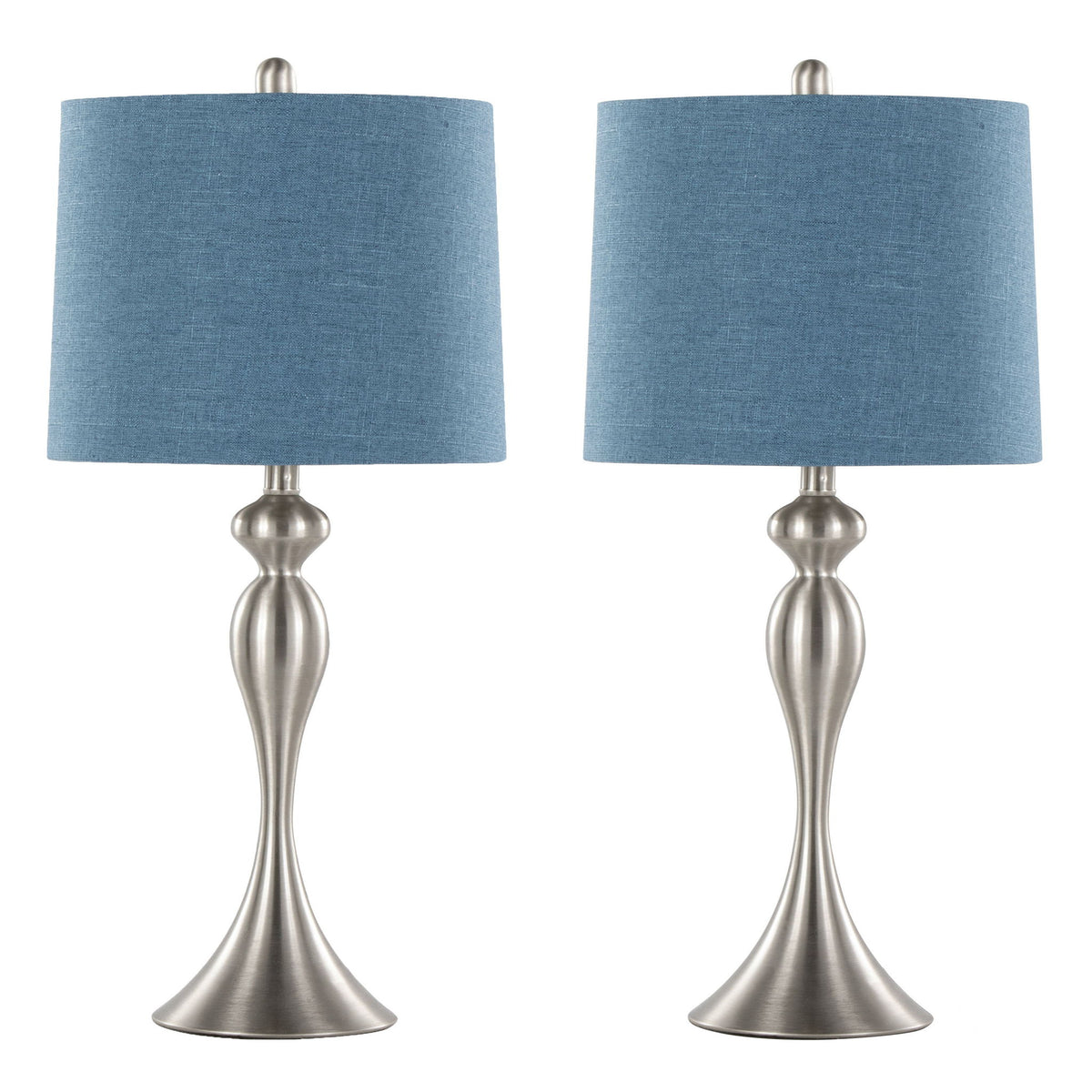 Table lamp set of 2 with matching blue fabric shades and brushed metal hourglass bases