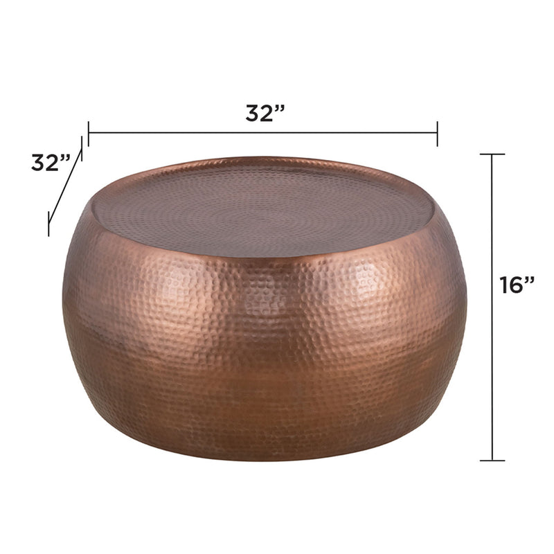 Bronze hammered round coffee table, 32 in wide x 16 in high