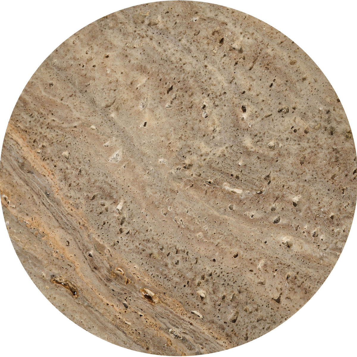 Close-up of round gray travertine tray top with natural speckled stone texture