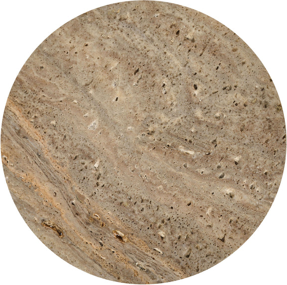 Close-up of round gray travertine tray top with natural speckled stone texture